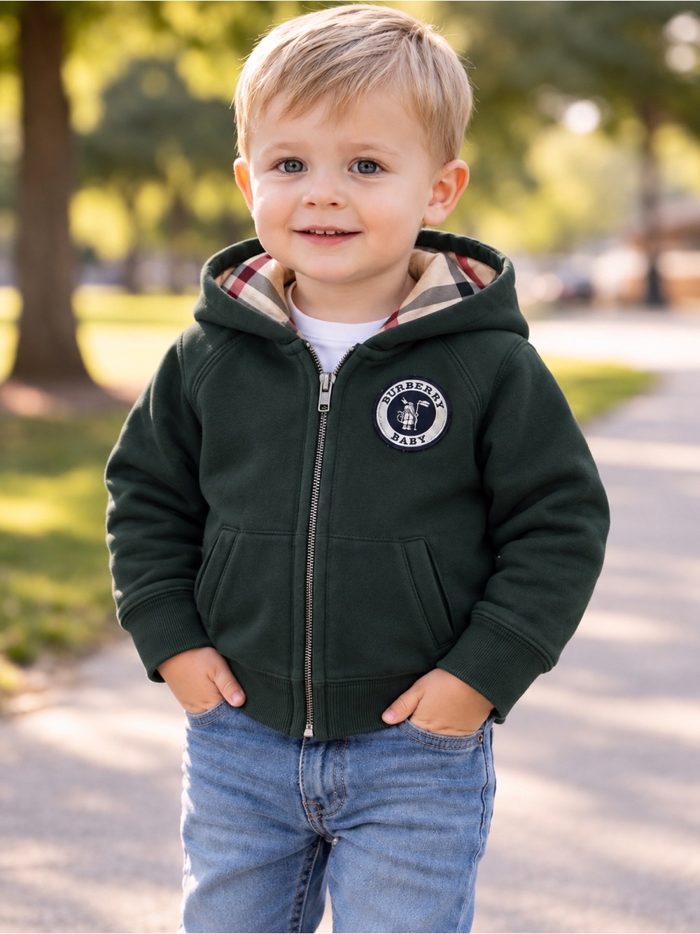 Burberry Baby Nova Check Logo Long Sleeve Hooded Zip Jacket Coat Sweater
